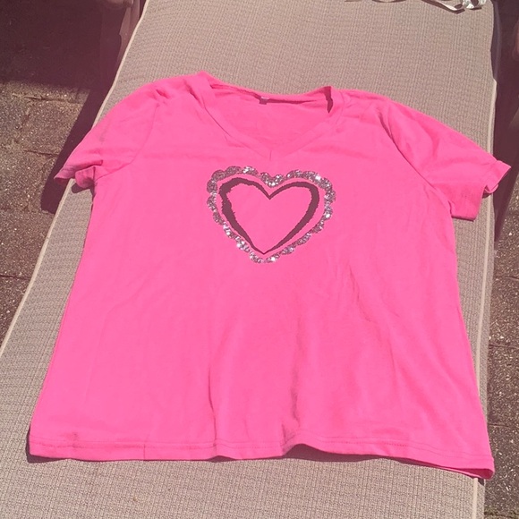 PINK SEQUIN HEART EMBELLISHED SHORT SLEEVE T-SHIRT, SIZE XL - Picture 1 of 6
